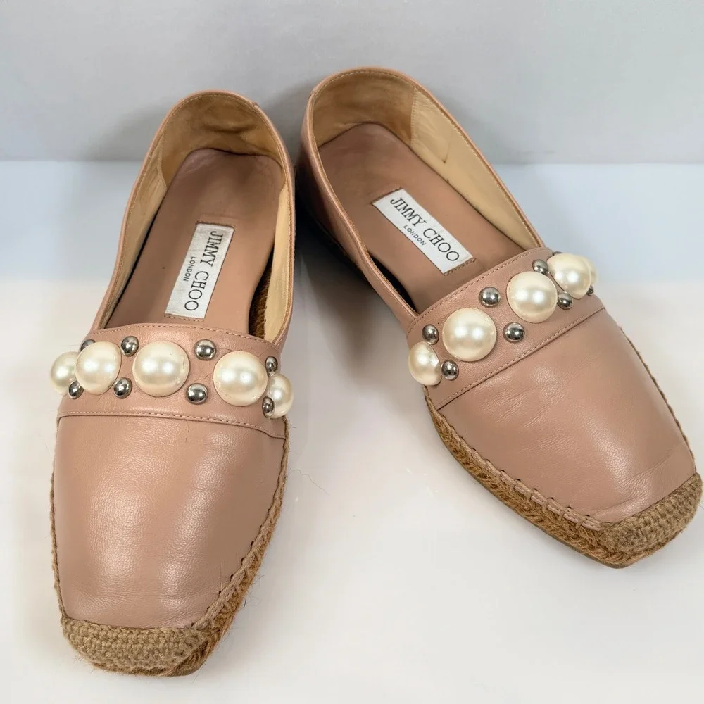 Jimmy Choo Blush Dru Leather Pearl Studded Espadrille Flats Pink Womens 36 6